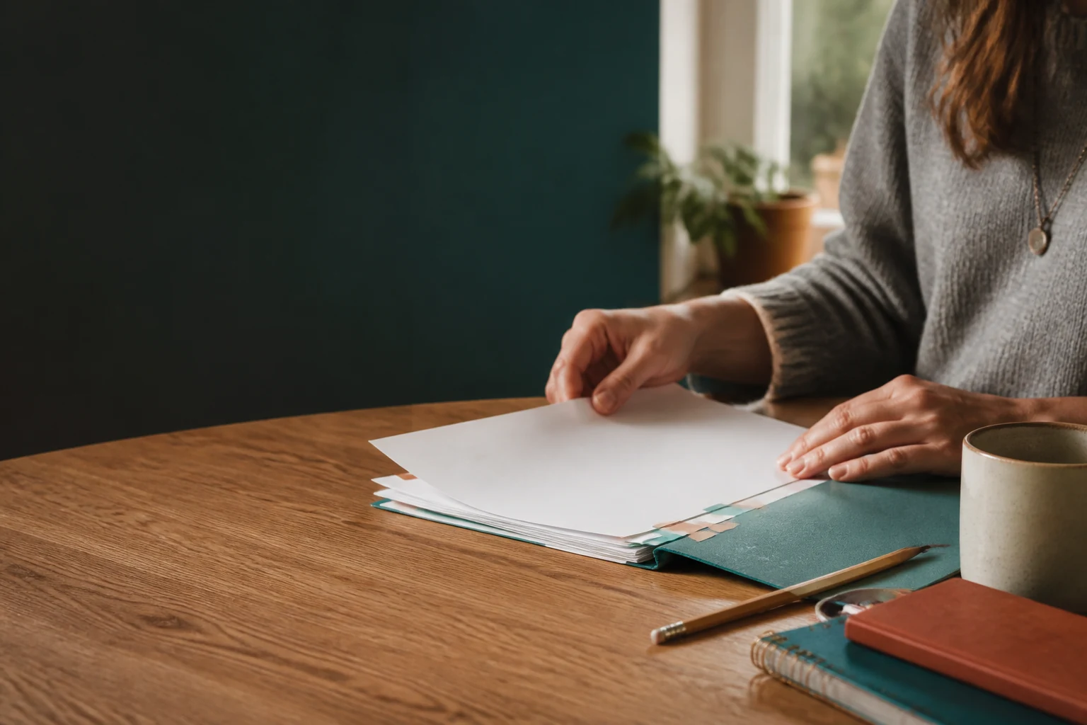 A teacher arranging blank lesson-planning papers at a table