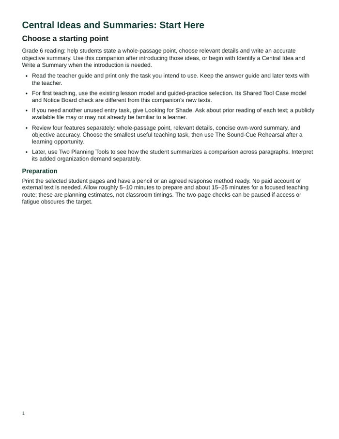 Teacher orientation page for the summary teaching collection