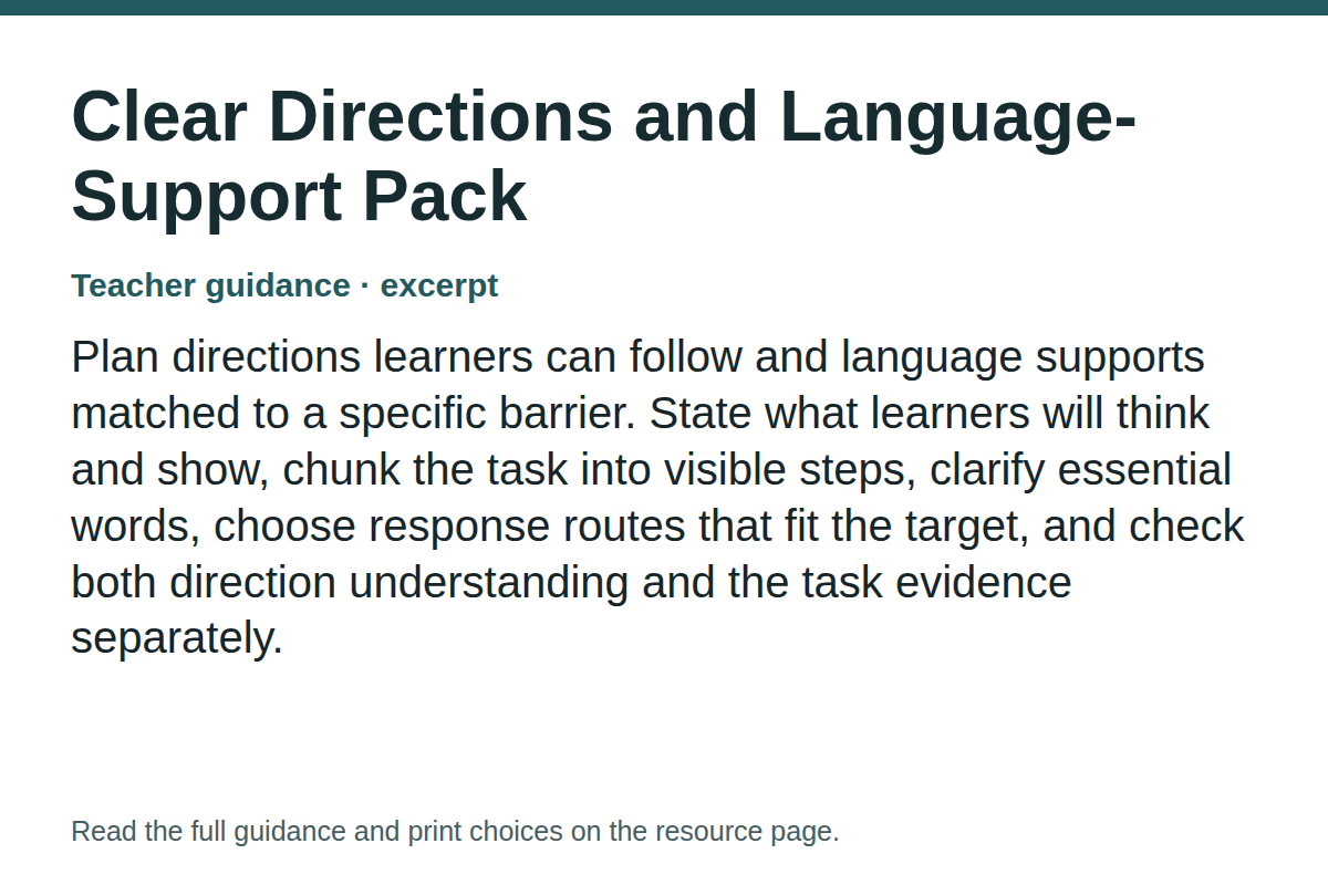 Teacher guidance excerpt for Clear Directions and Language-Support Pack: Plan directions learners can follow and language supports matched to a specific barrier. State what learners will think and show, chunk the task into visible steps, clarify essential words, choose response routes that fit the target, and check both direction understanding and the task evidence separately.