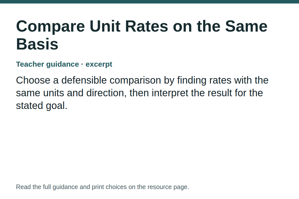 Teacher guidance excerpt for Compare Unit Rates on the Same Basis: Choose a defensible comparison by finding rates with the same units and direction, then interpret the result for the stated goal.