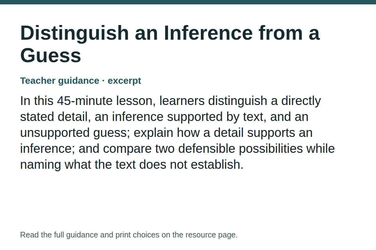 Teacher guidance excerpt for Distinguish an Inference from a Guess: In this 45-minute lesson, learners distinguish a directly stated detail, an inference supported by text, and an unsupported guess; explain how a detail supports an inference; and compare two defensible possibilities while naming what the text does not establish.