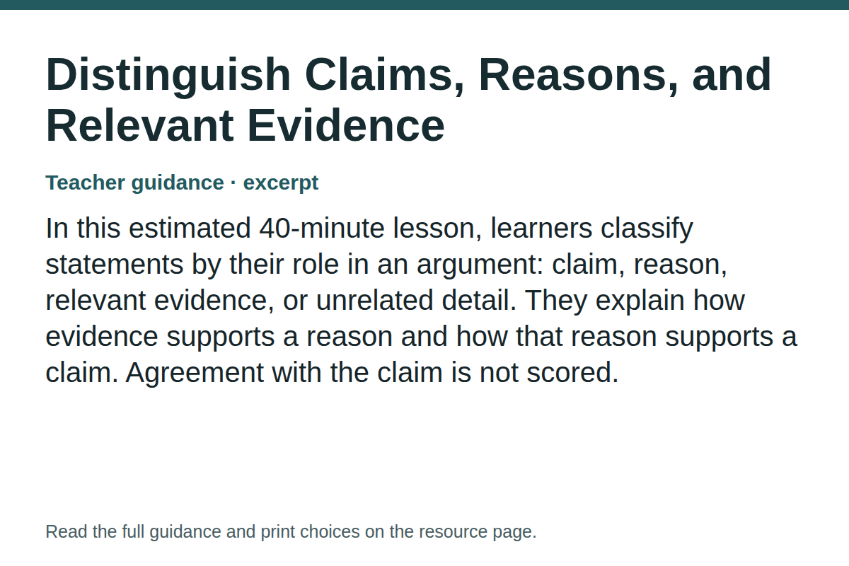 Teacher guidance excerpt for Distinguish Claims, Reasons, and Relevant Evidence: In this estimated 40-minute lesson, learners classify statements by their role in an argument: claim, reason, relevant evidence, or unrelated detail. They explain how evidence supports a reason and how that reason supports a claim. Agreement with the claim is not scored.
