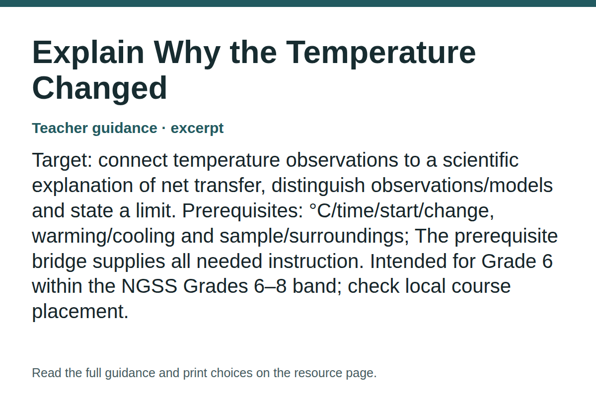 Teacher guidance excerpt for Explain Why the Temperature Changed: Target: connect temperature observations to a scientific explanation of net transfer, distinguish observations/models and state a limit. Prerequisites: °C/time/start/change, warming/cooling and sample/surroundings; The prerequisite bridge supplies all needed instruction. Intended for Grade 6 within the NGSS Grades 6–8 band; check local course placement.