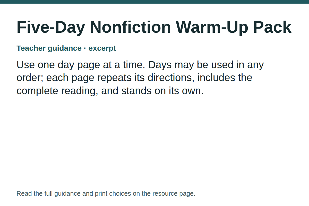 Teacher guidance excerpt for Five-Day Nonfiction Warm-Up Pack: Use one day page at a time. Days may be used in any order; each page repeats its directions, includes the complete reading, and stands on its own.