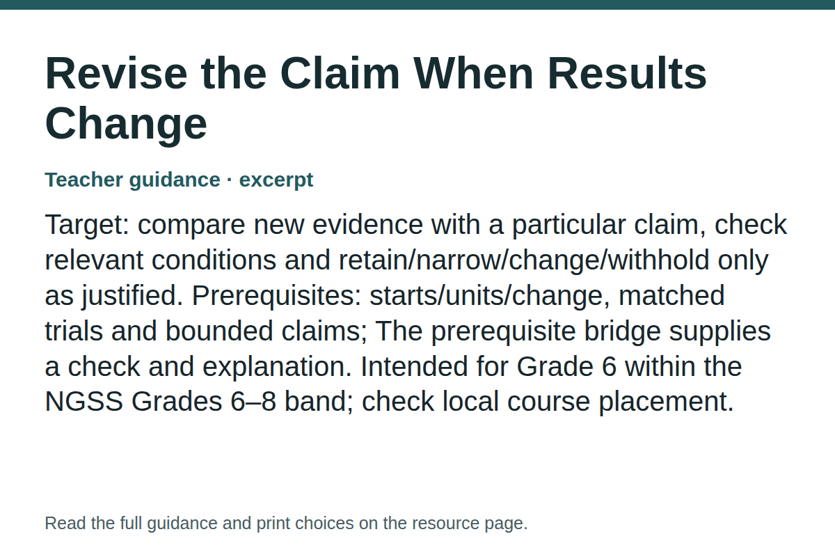 Teacher guidance excerpt for Revise the Claim When Results Change: Target: compare new evidence with a particular claim, check relevant conditions and retain/narrow/change/withhold only as justified. Prerequisites: starts/units/change, matched trials and bounded claims; The prerequisite bridge supplies a check and explanation. Intended for Grade 6 within the NGSS Grades 6–8 band; check local course placement.