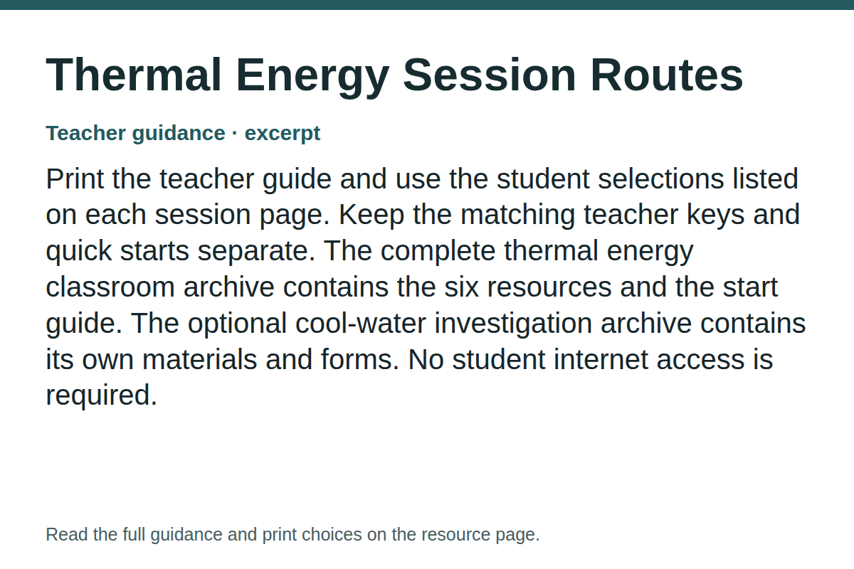 Teacher guidance excerpt for Thermal Energy Session Routes: Print the teacher guide and use the student selections listed on each session page. Keep the matching teacher keys and quick starts separate. The complete thermal energy classroom archive contains the six resources and the start guide. The optional cool-water investigation archive contains its own materials and forms. No student internet access is required.