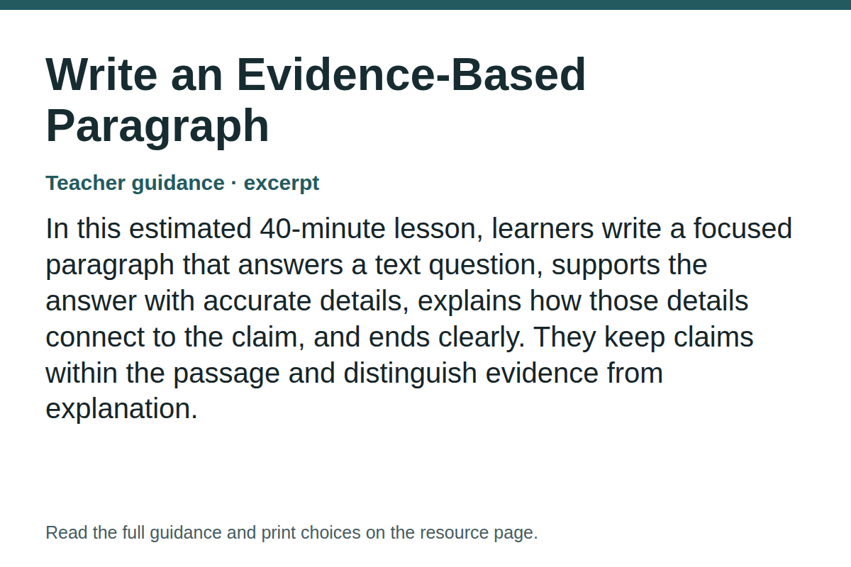 Teacher guidance excerpt for Write an Evidence-Based Paragraph: In this estimated 40-minute lesson, learners write a focused paragraph that answers a text question, supports the answer with accurate details, explains how those details connect to the claim, and ends clearly. They keep claims within the passage and distinguish evidence from explanation.
