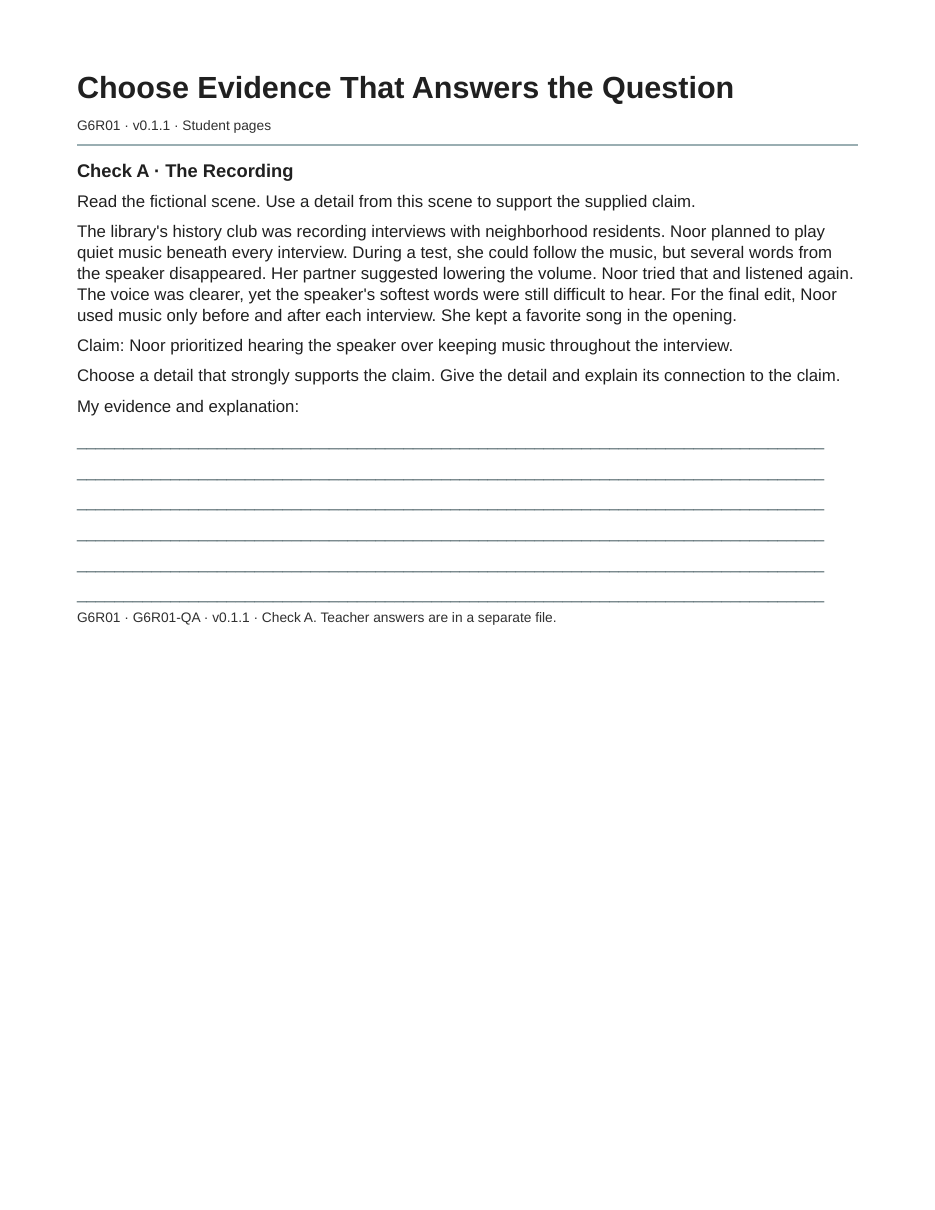 Actual first page of Check A: The Recording, with a fictional passage, claim, question, and writing space; no answer key.