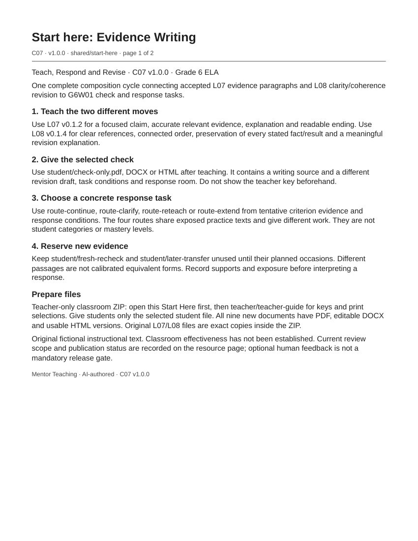 Actual first page of the evidence-writing Start Here guide, without reserved passages, drafts or answers.