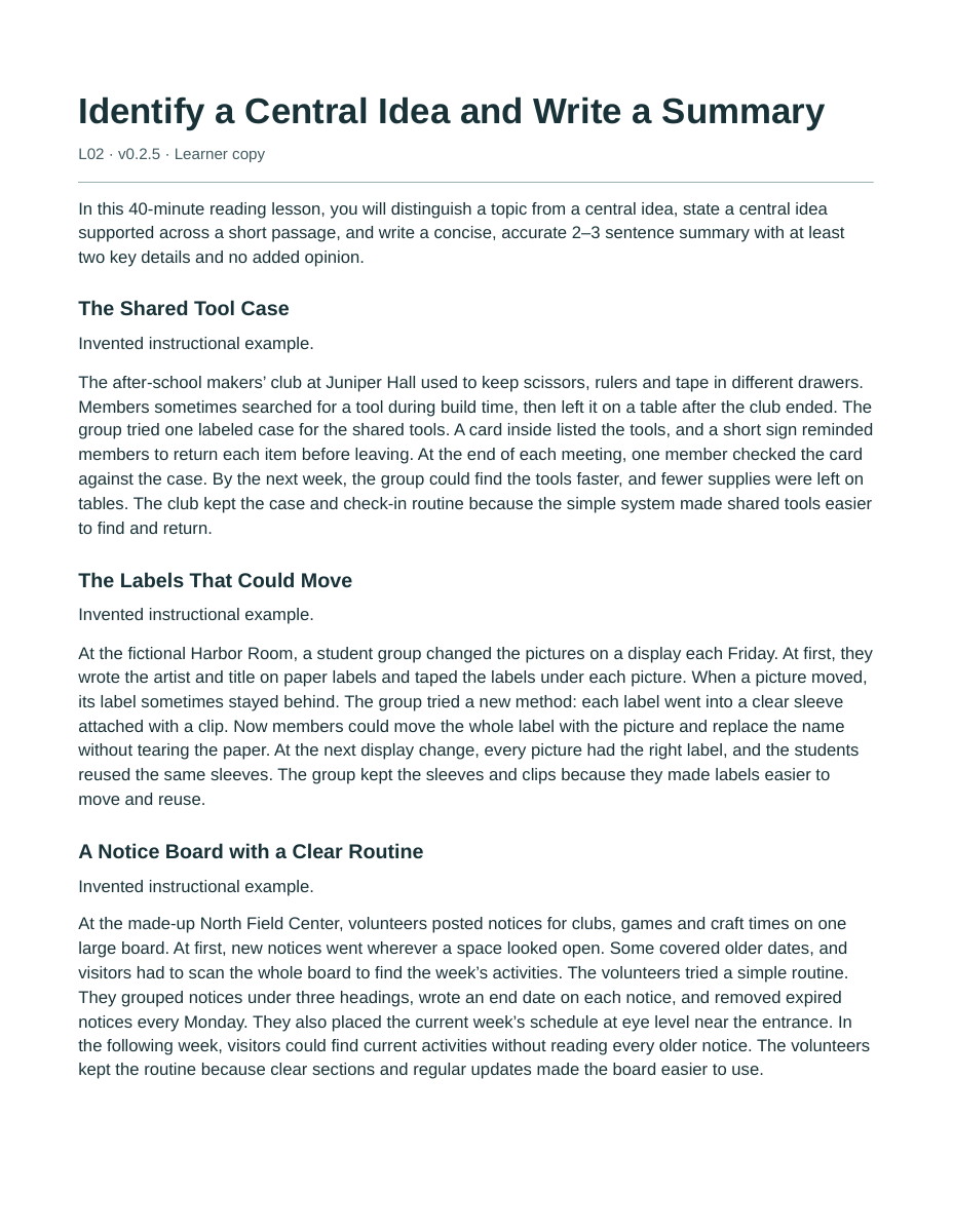 Actual first page of Identify a Central Idea and Write a Summary version 0.2.5.