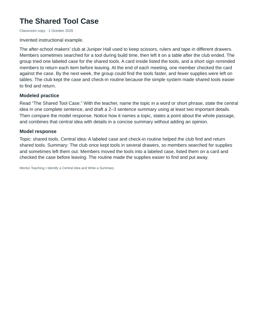 Student materials preview for Identify a Central Idea and Write a Summary
