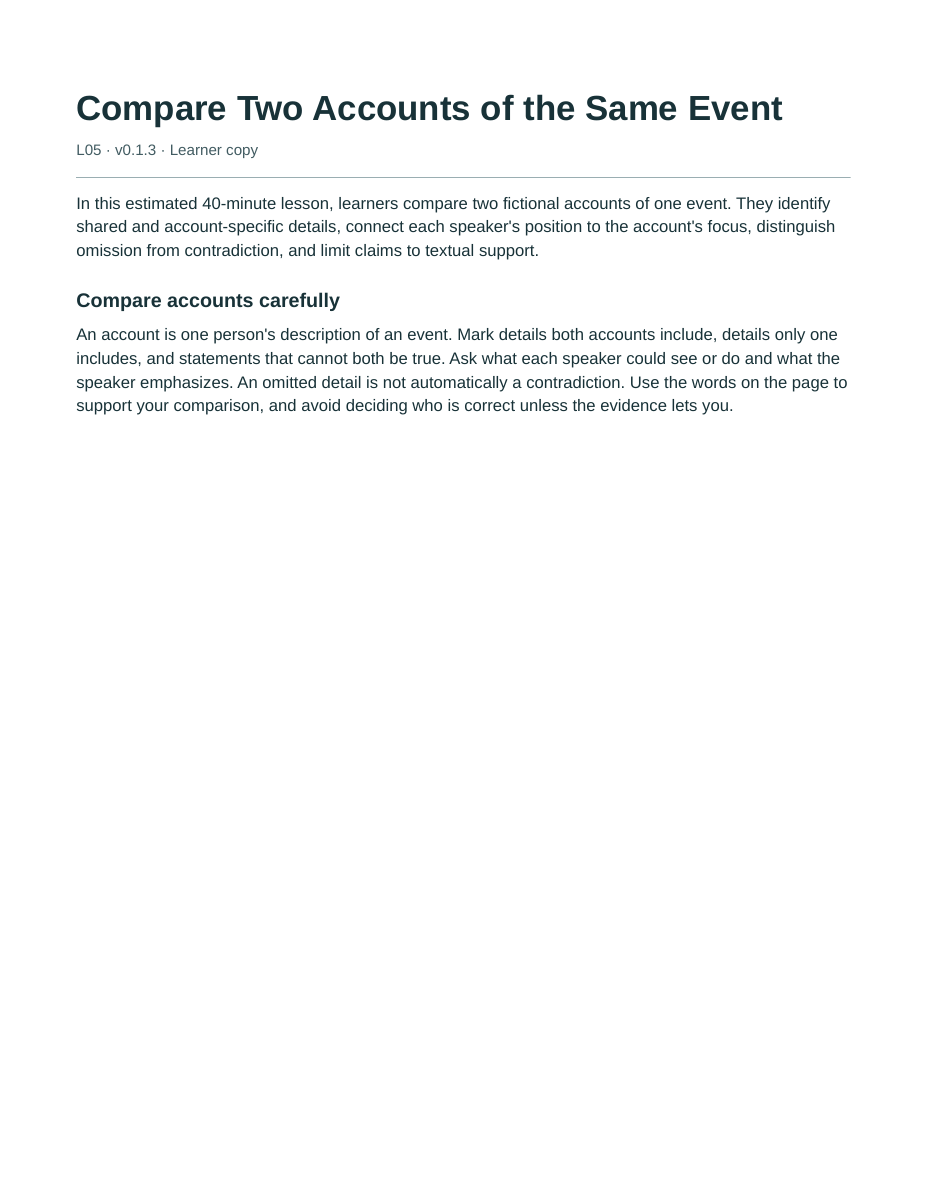 Actual first page of Compare Two Accounts of the Same Event version 0.1.3.