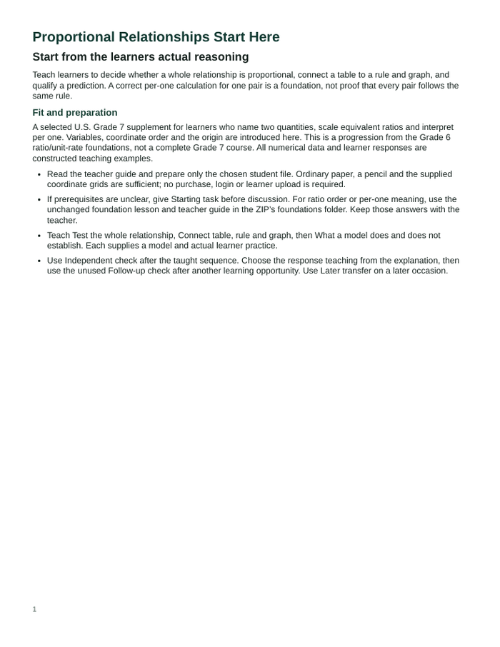 Teacher starting guide for proportional relationship teaching