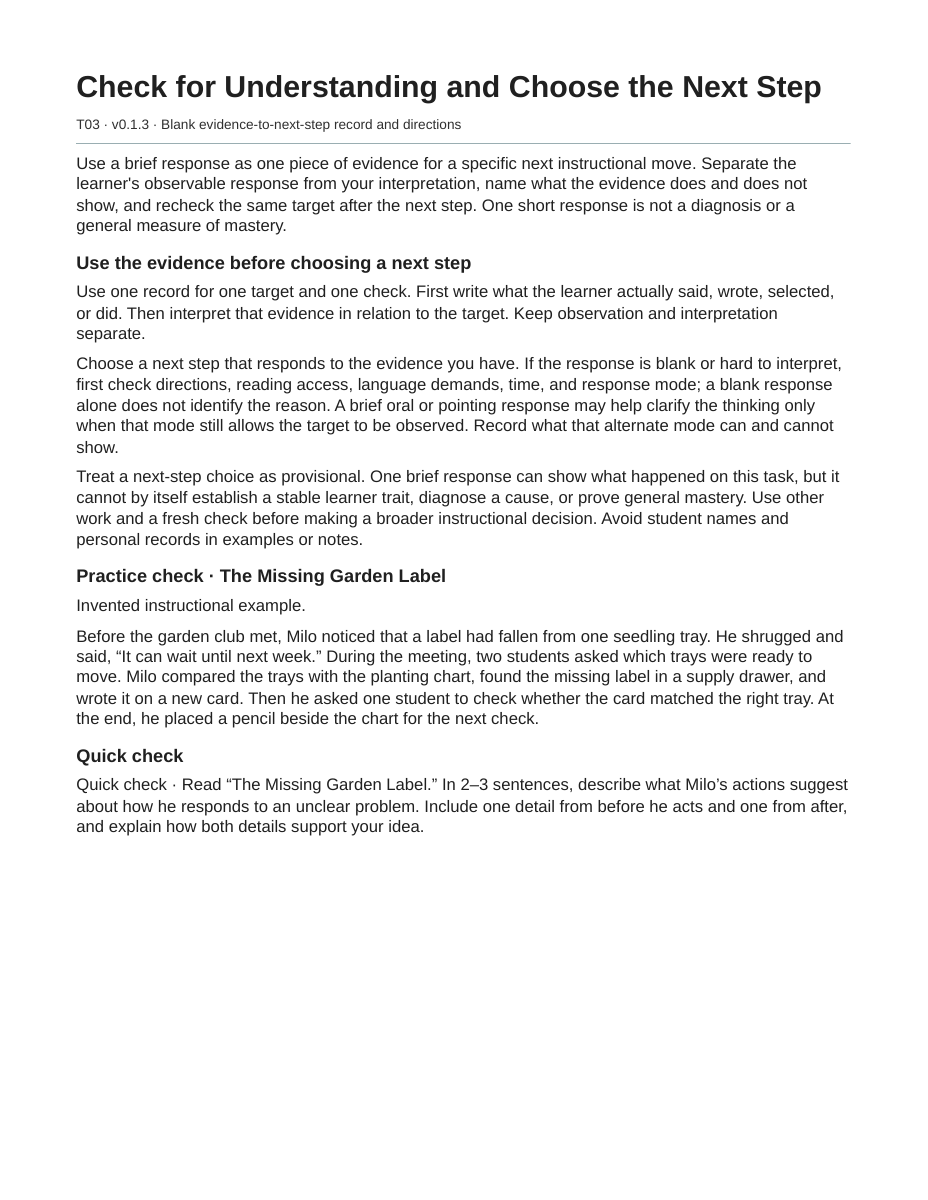 Actual first page of Check for Understanding and Choose the Next Step version 0.1.3.