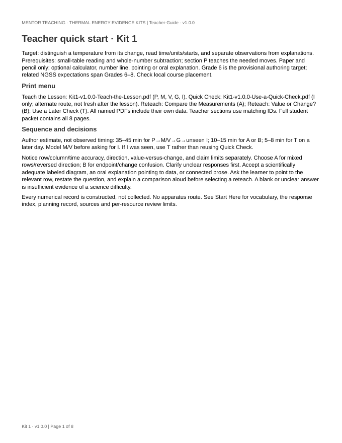 Actual first page of Kit 1 teacher file