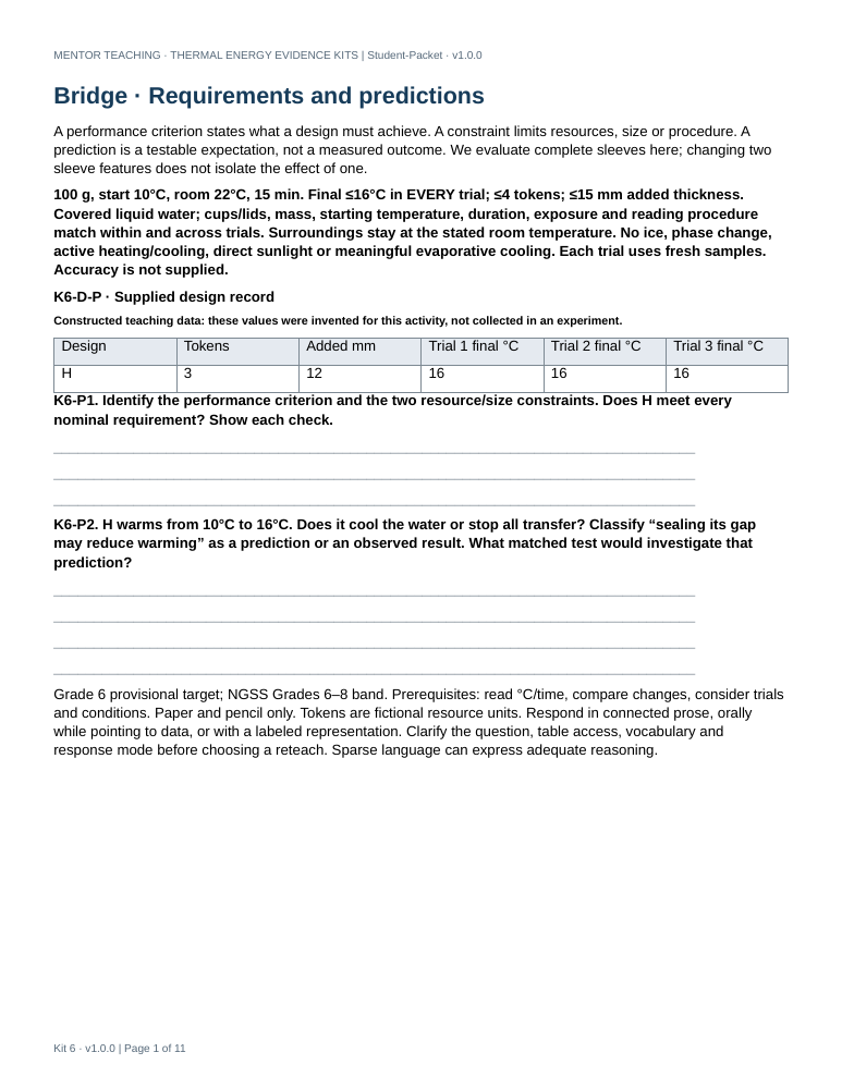 Actual first page of Choose, Test & Improve a Thermal Protector student file