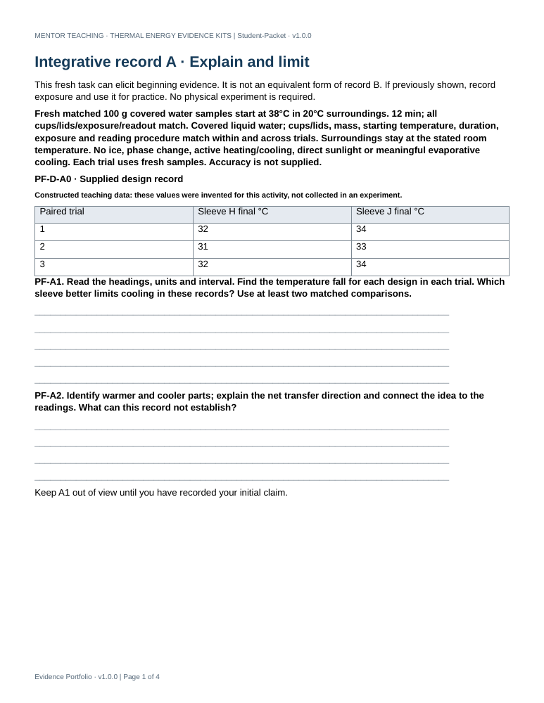 Actual first page of Thermal Energy Evidence Portfolio student file