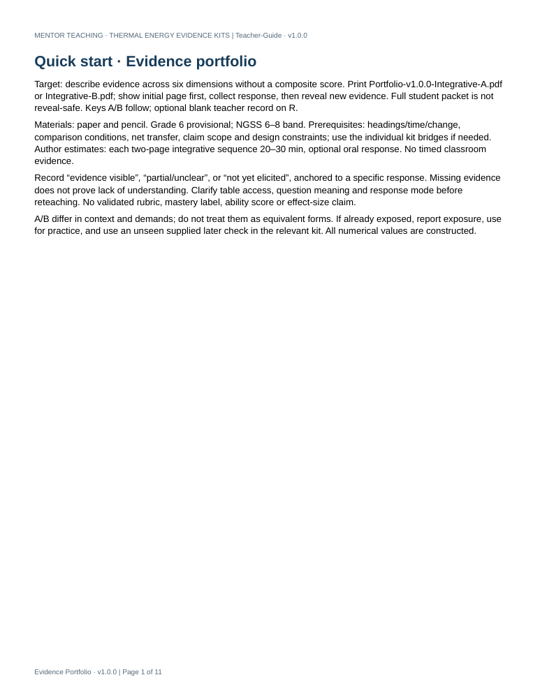 Actual first page of Thermal Energy Evidence Portfolio teacher file