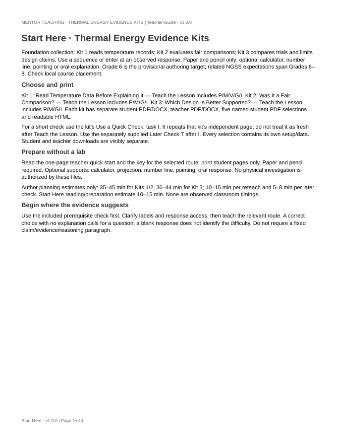 Actual first page of Start Here teacher file