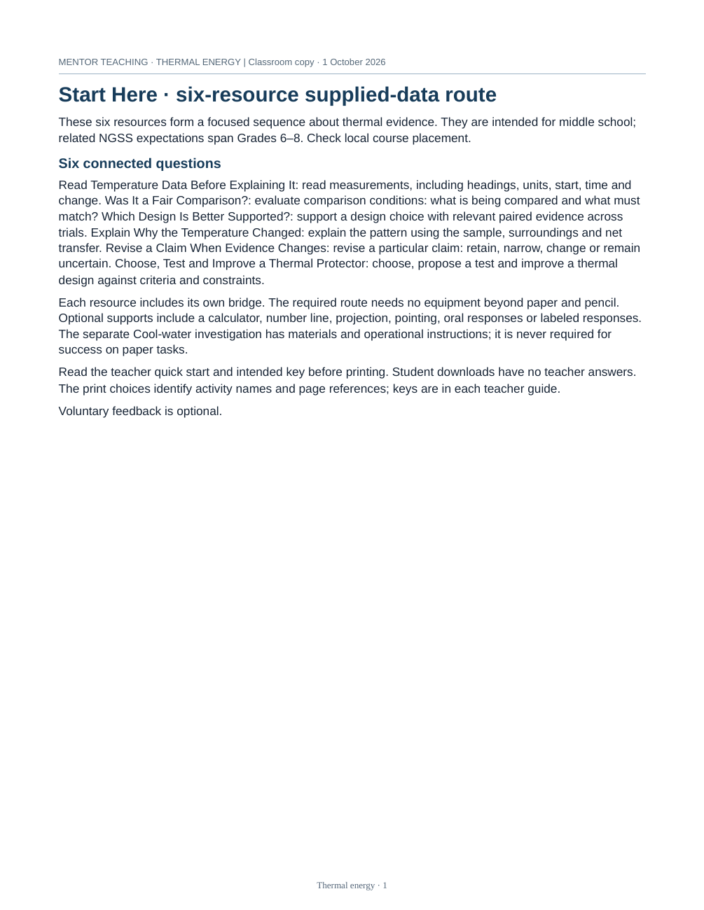 Starting guide preview for Start Here: Thermal Energy Evidence Kits