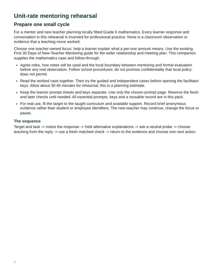 First page of the unit-rate mentoring rehearsal, with preparation and sequence guidance