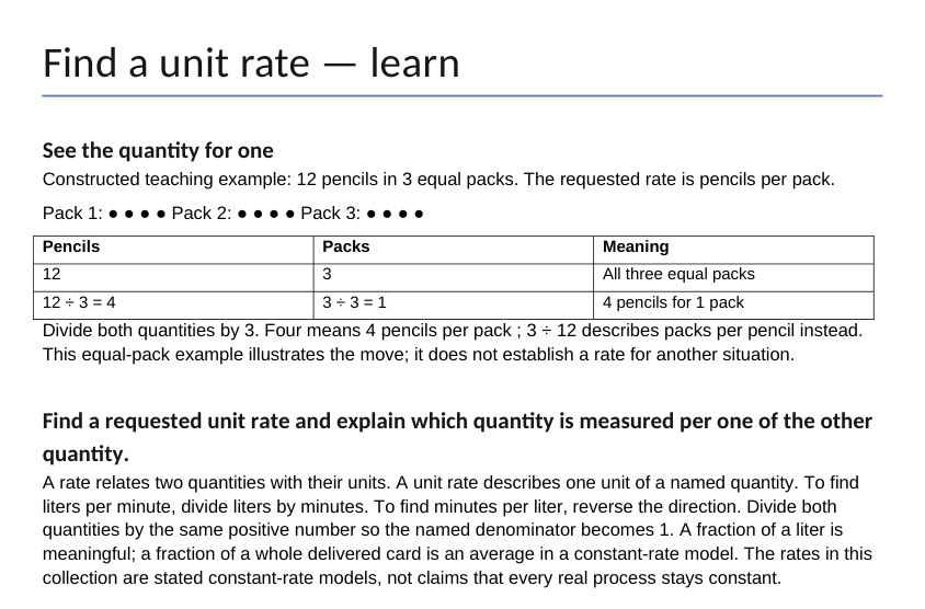Current unit-rate model: 12 pencils in 3 packs becomes 4 pencils per pack, with both quantities divided by 3.