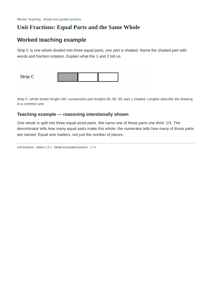 Fractions current teaching pages, page 1; includes intentionally shown teaching examples