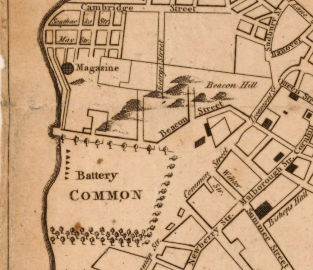 Tan, monochrome map detail with COMMON, Beacon Street, Cambridge Street and Beacon Hill labels. A heavy curved boundary runs along the left side of the Common. Small tree symbols line parts of the Common; streets and blocks appear to its right and above.