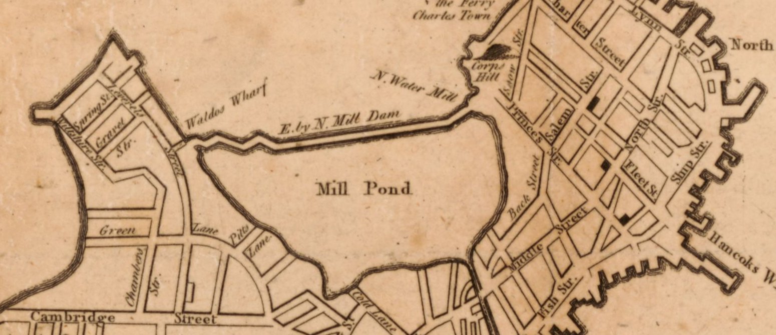 Monochrome map detail with a bounded area labeled Mill Pond. E. & N. Mill Dam runs along its upper boundary. Prince Street, Salem Street and Hanover Street appear in the street network to the right; Cambridge Street is along the lower edge.
