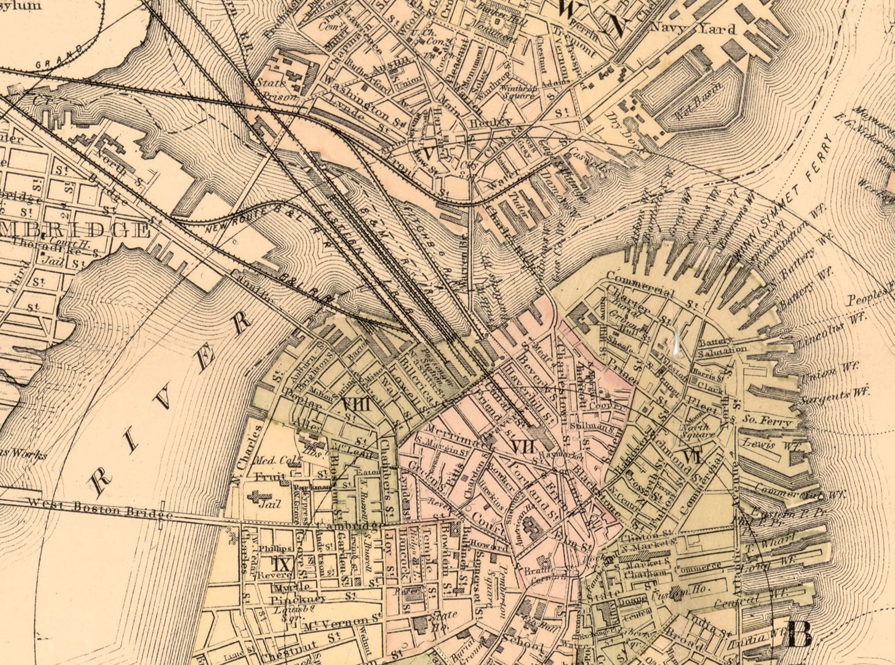 Colored northern Boston map detail with Charles River at left and a dense network of streets, rail lines, depots and wharves. Prince, Salem and Hanover labels occur toward the right; Causeway, Beverly and Merrimac labels occur to their left.